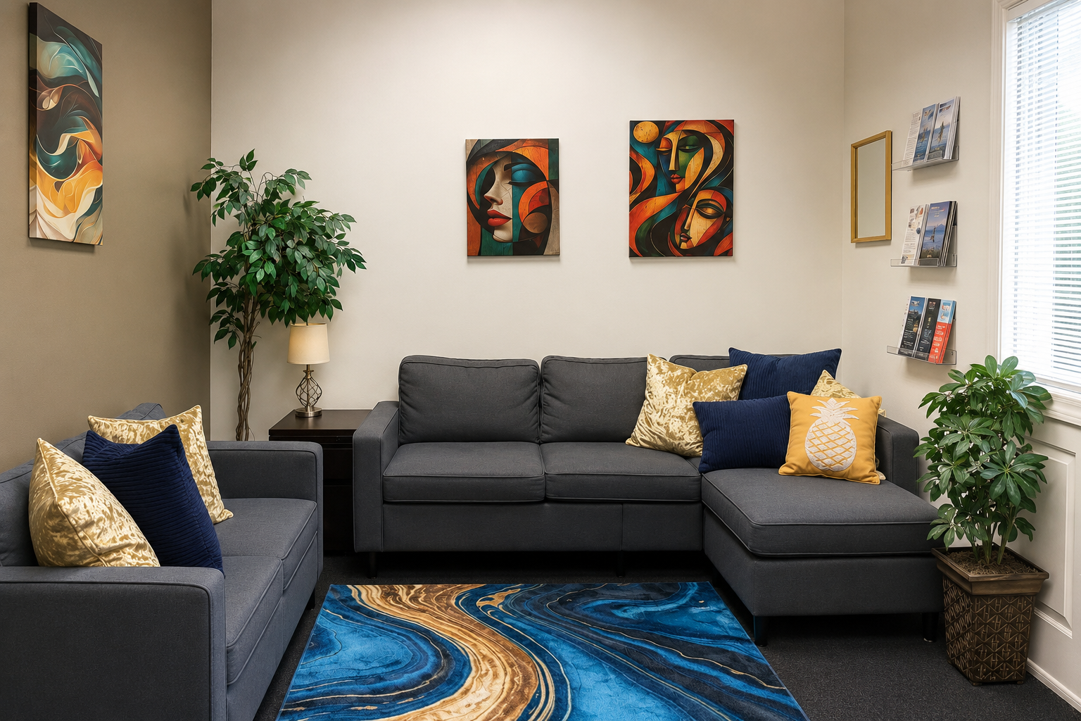 Warmly furnished therapy room with comfortable seating, plants, and natural light