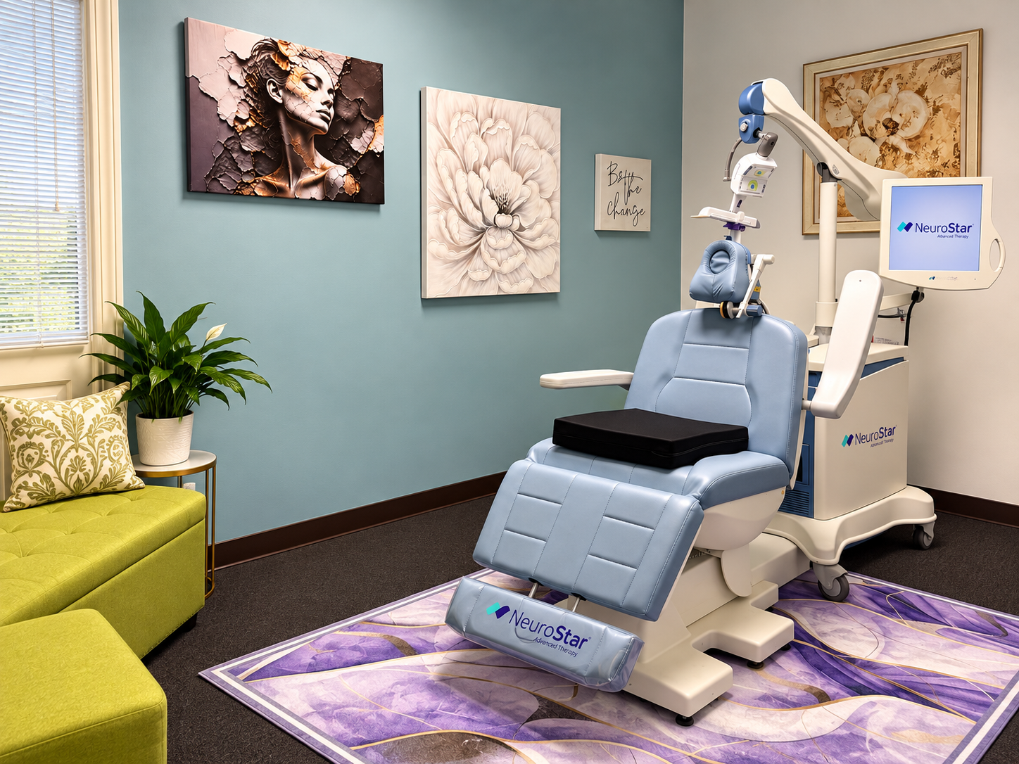 NeuroStar TMS treatment room with blue treatment chair and NeuroStar Advanced Therapy equipment