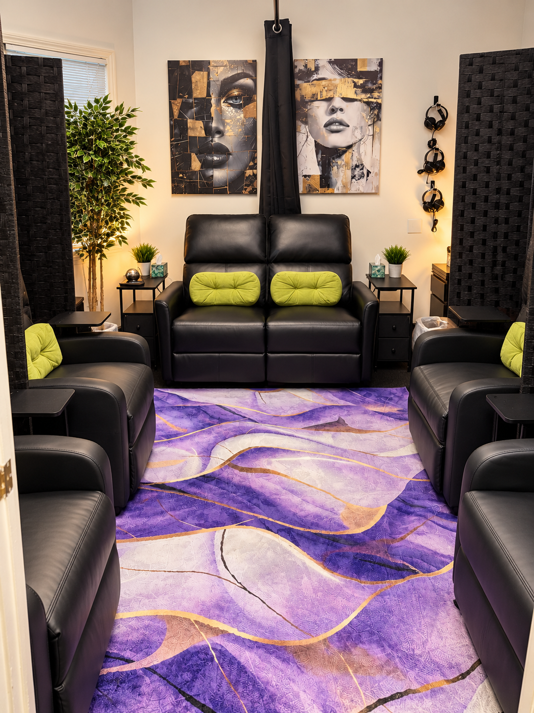 Northern Lights Mood Institute treatment room with black leather recliners, lime-green pillows, and purple abstract rug